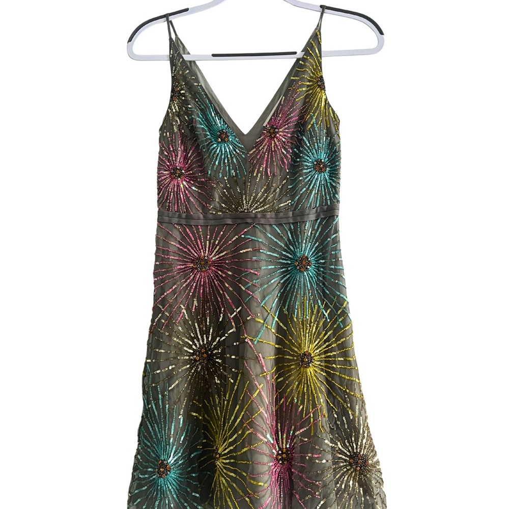 BHLDN Gray Dress with Pink and Yellow Embellishments